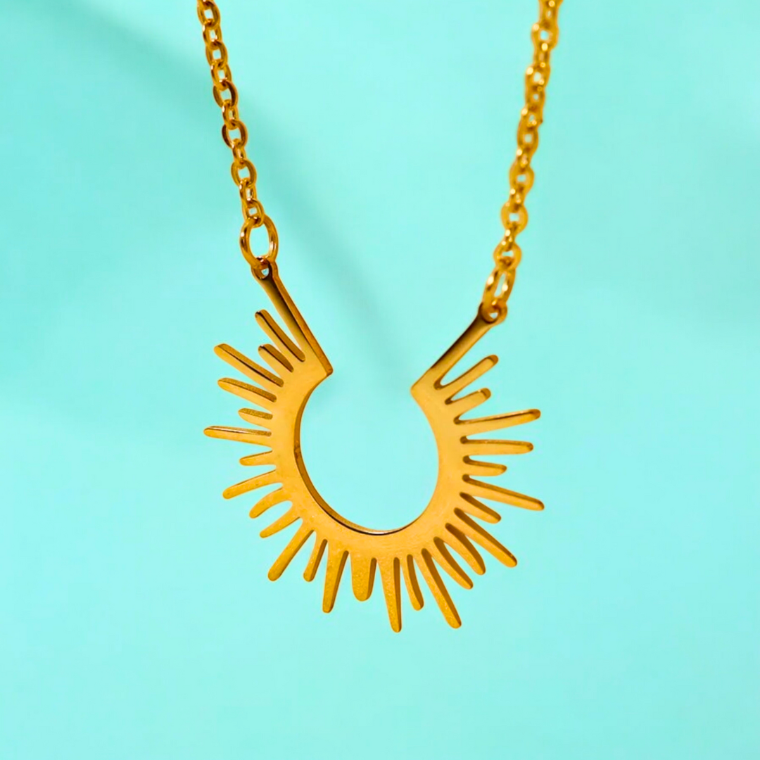 No tarnish, waterproof Dara Half Sun Necklace. Jooelri London's 18K gold plated stainless steel, gym-proof & bold daily wear! Free shipping!