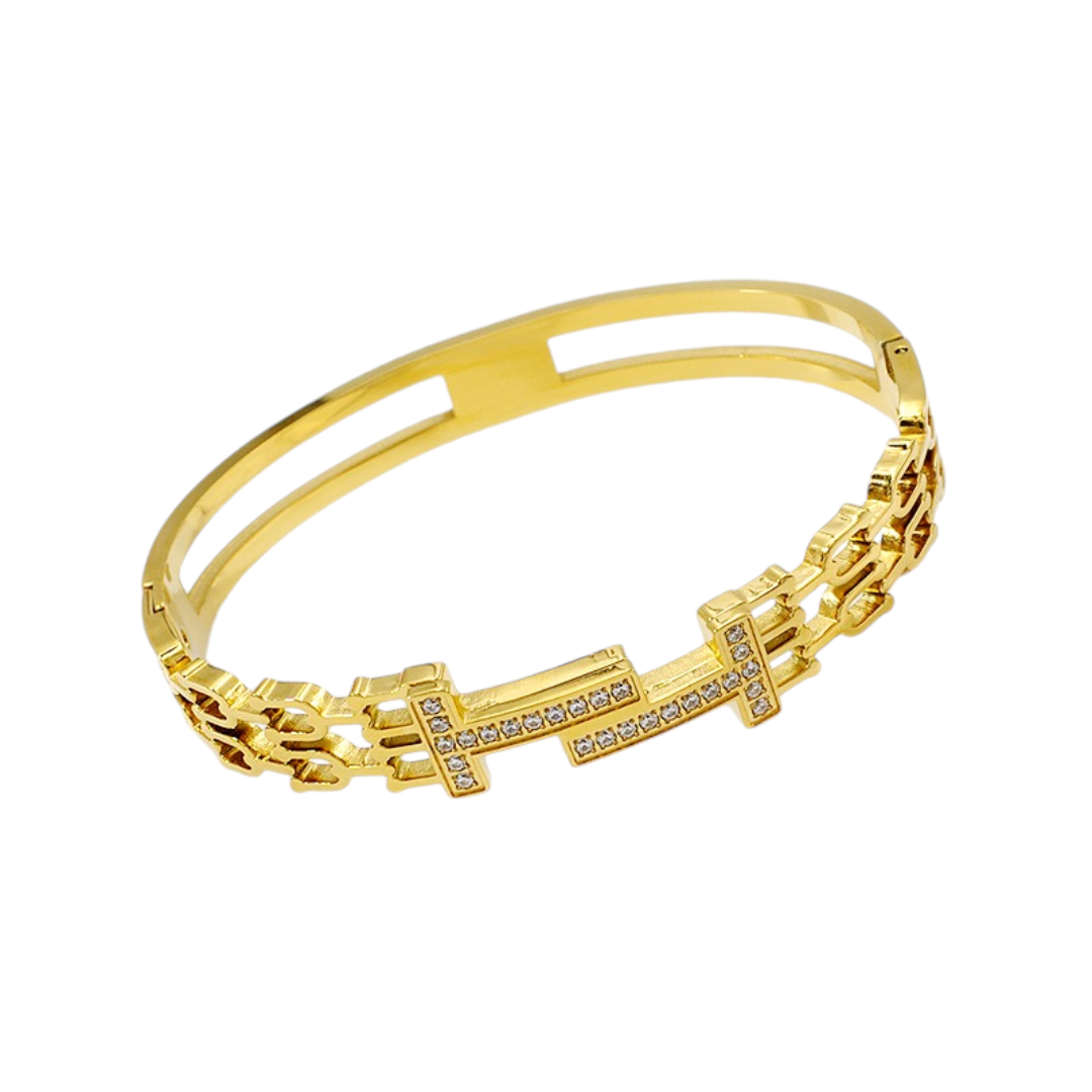Tamara | 18K Double T Gold Plated Waterproof Bracelet Bangle with Zircons