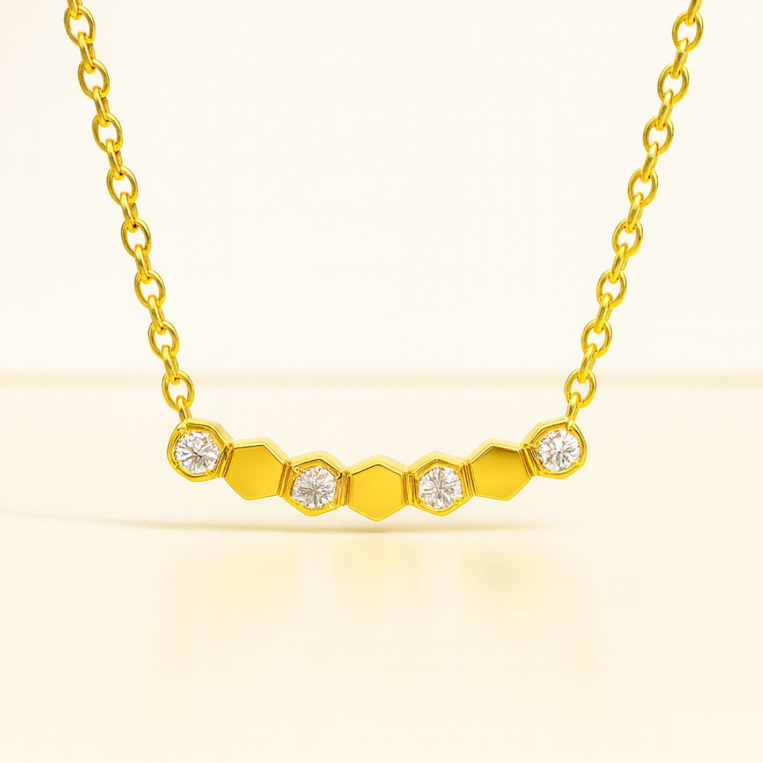 Beth | Gold (18K) and Rose Gold Plated Honeycomb Bar Pendant Waterproof Necklace with Zircons