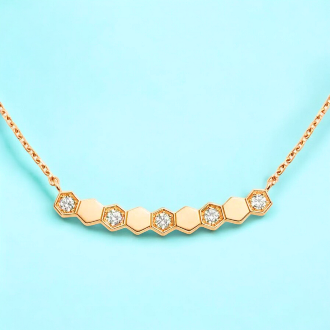 Beth | Gold (18K) and Rose Gold Plated Honeycomb Bar Pendant Waterproof Necklace with Zircons