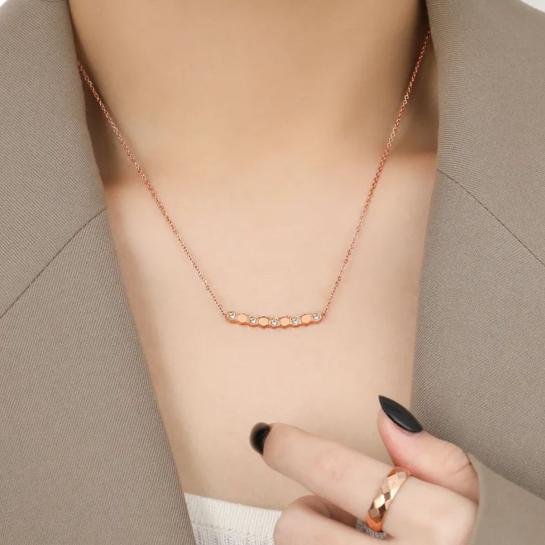 Beth | Gold (18K) and Rose Gold Plated Honeycomb Bar Pendant Waterproof Necklace with Zircons