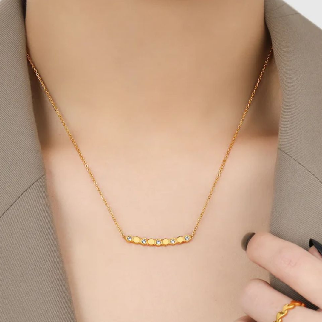 Beth | Gold (18K) and Rose Gold Plated Honeycomb Bar Pendant Waterproof Necklace with Zircons