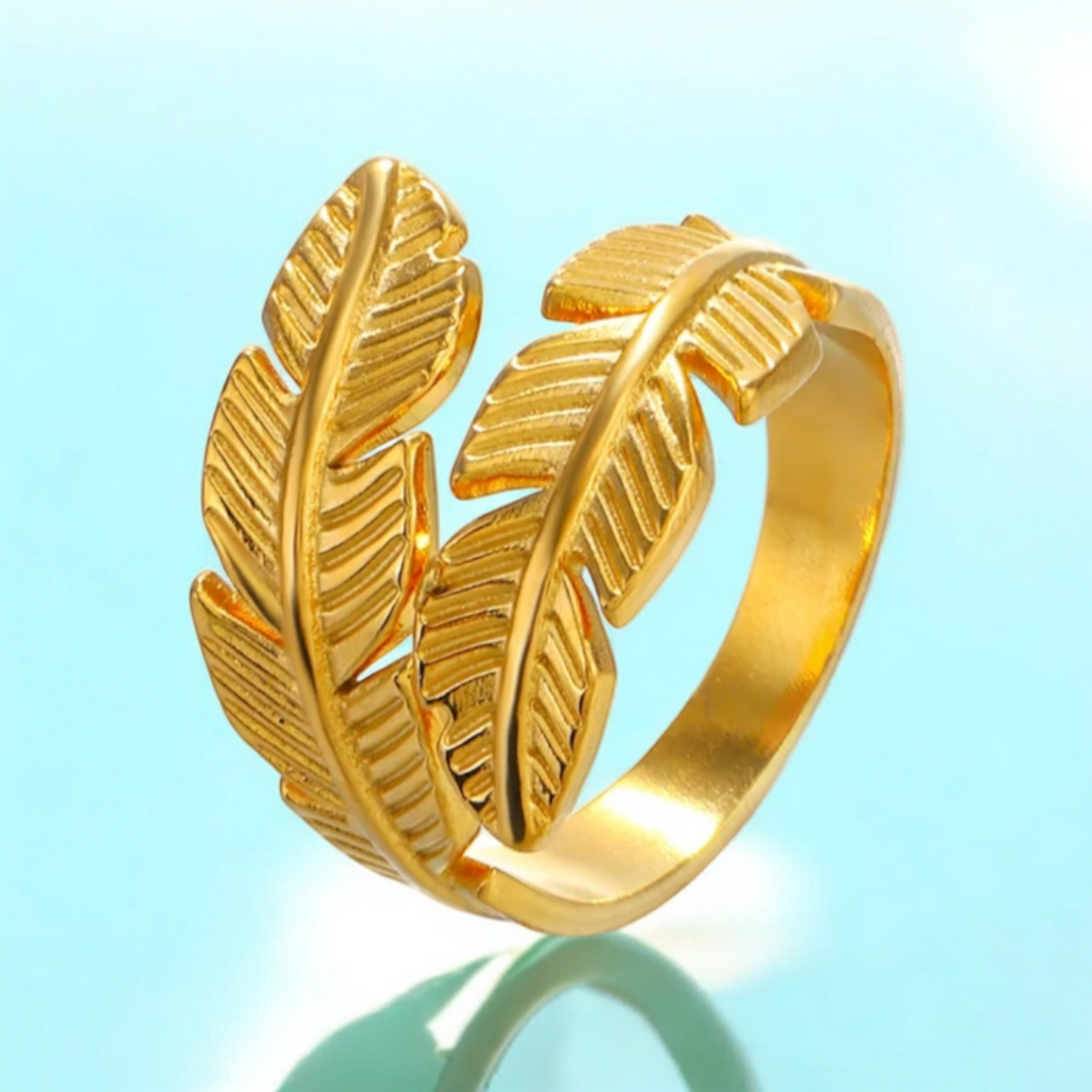 Melize | Gold Plated Leaf Feather Design Open Resizable Ring