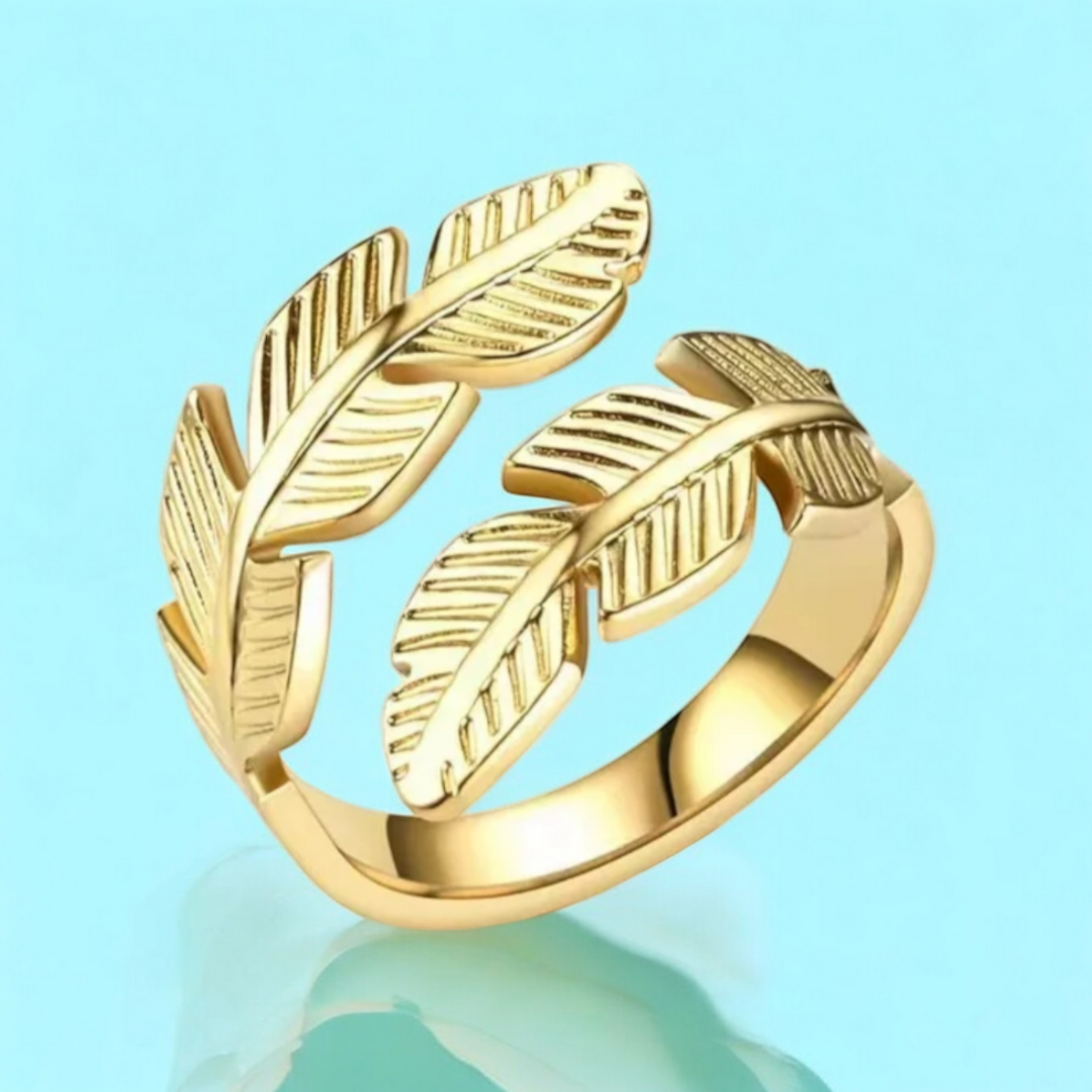 Melize | Gold Plated Leaf Feather Design Open Resizable Ring