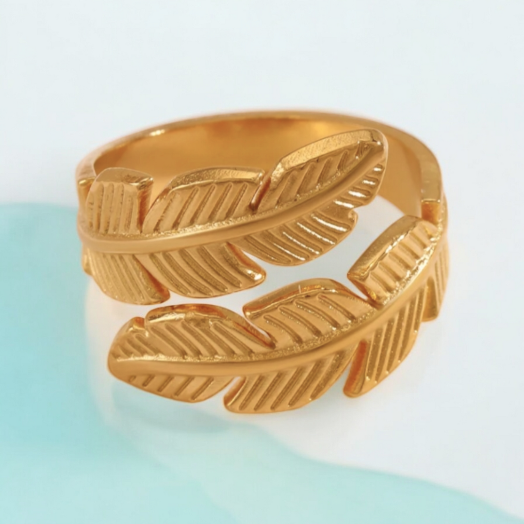 Melize | Gold Plated Leaf Feather Design Open Resizable Ring