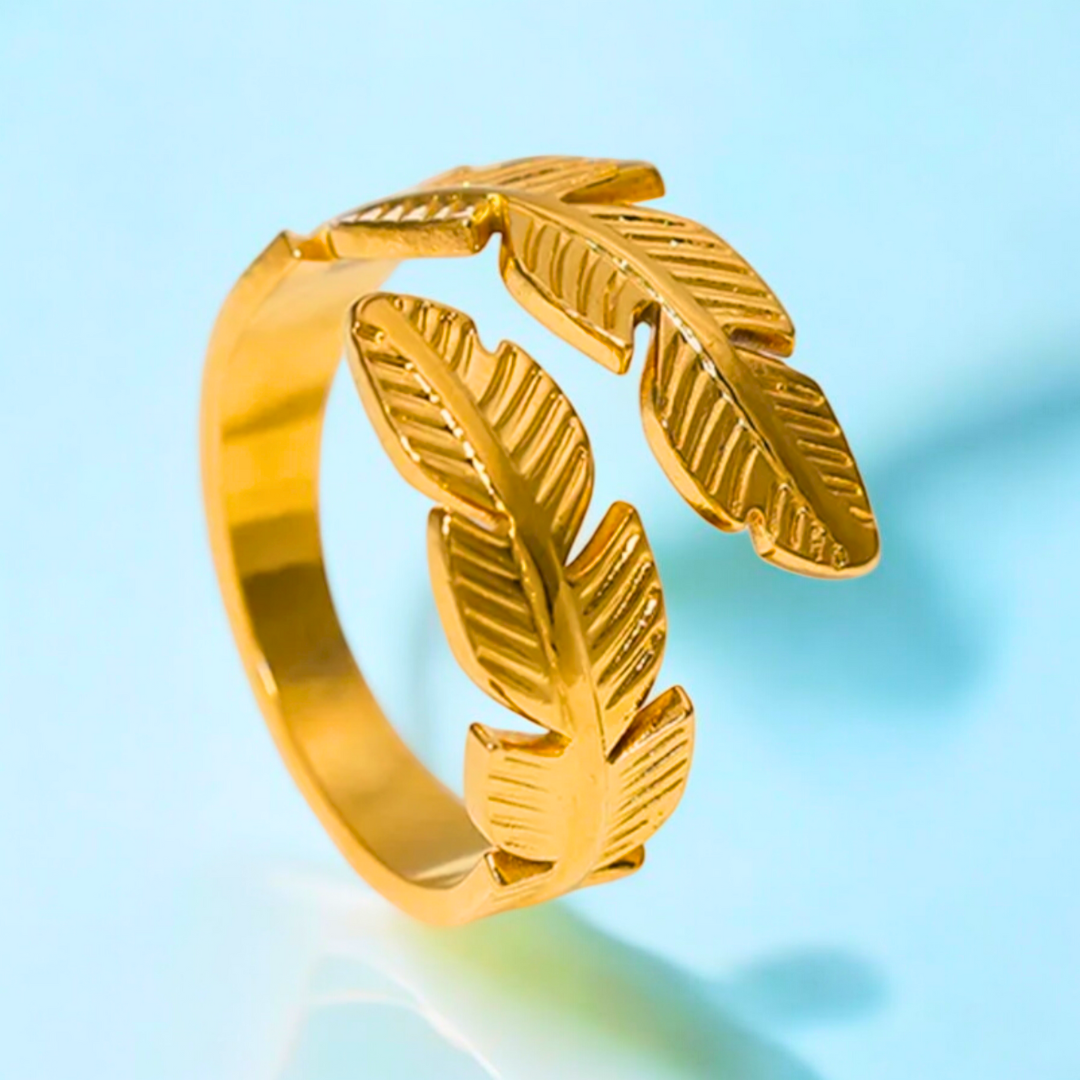 Melize | Gold Plated Leaf Feather Design Open Resizable Ring