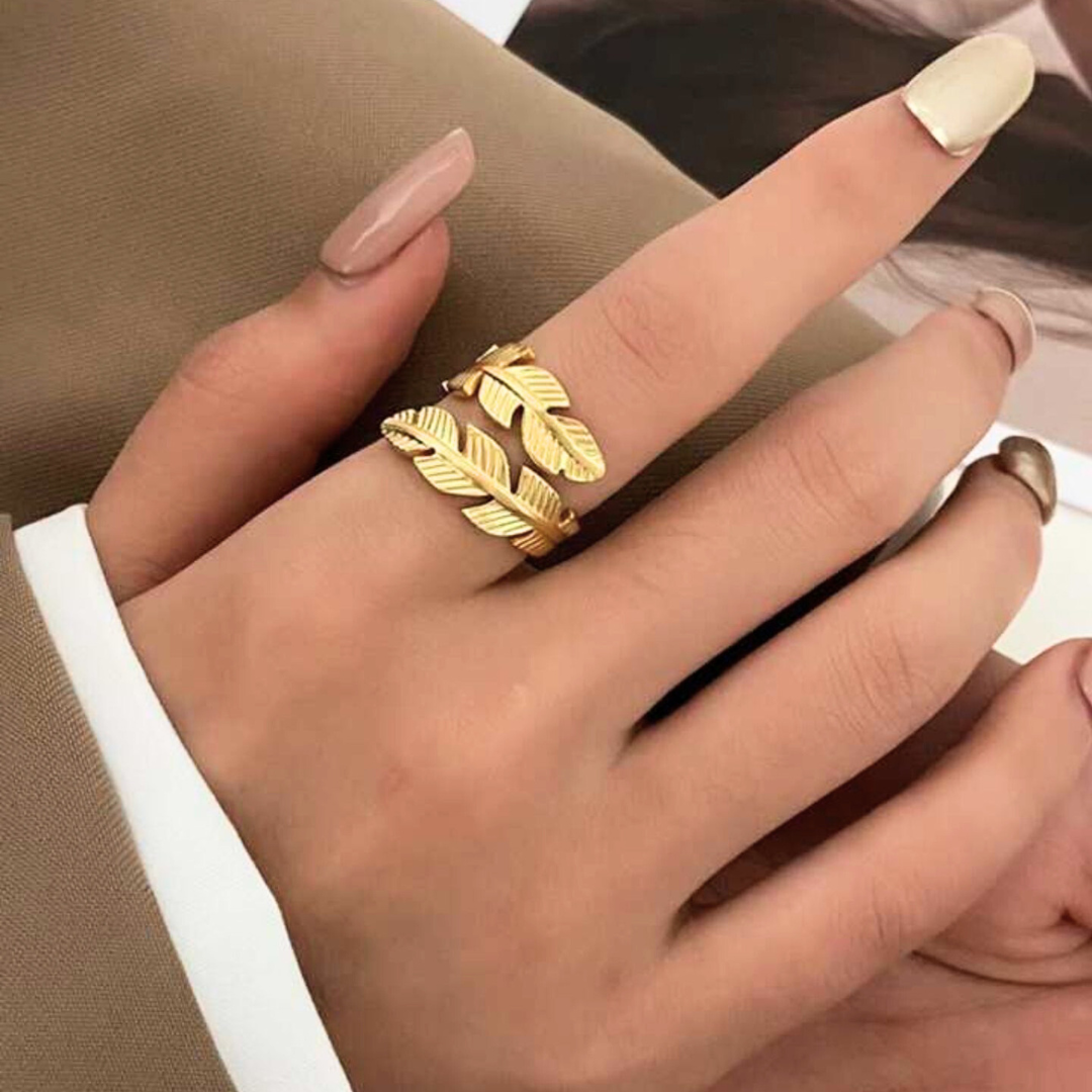 Melize | Gold Plated Leaf Feather Design Open Resizable Ring
