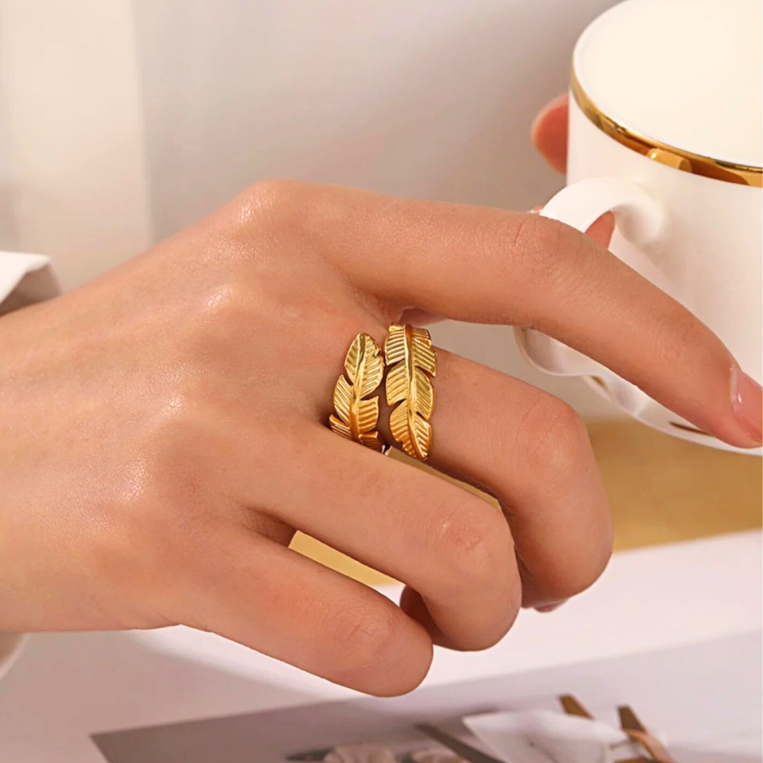 Melize | Gold Plated Leaf Feather Design Open Resizable Ring