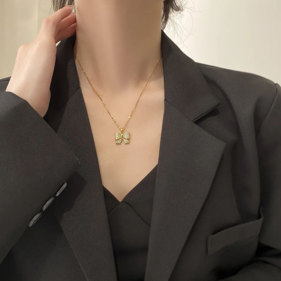 Margaret | Gold Plated Bow Ribbon Style Pendant Necklace with Zircons