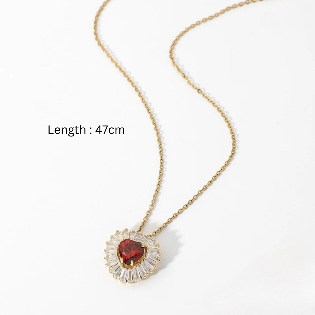 Amore | Gold Plated Heart Charm Necklace with Red Zircons