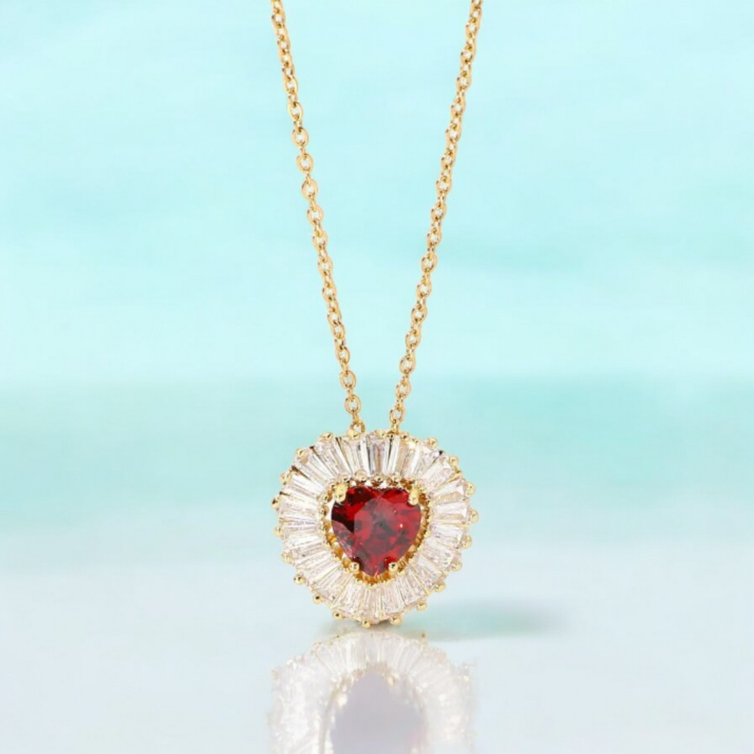 Amore | Gold Plated Heart Charm Necklace with Red Zircons