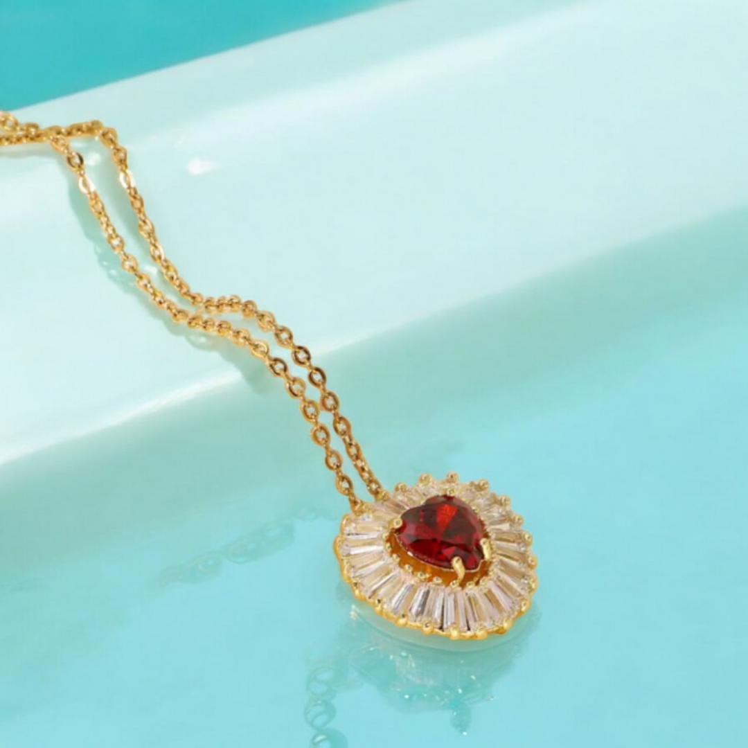 Amore | Gold Plated Heart Charm Necklace with Red Zircons