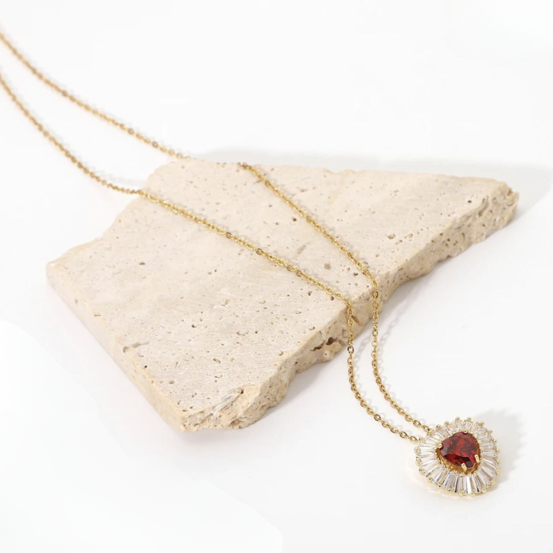 Amore | Gold Plated Heart Charm Necklace with Red Zircons