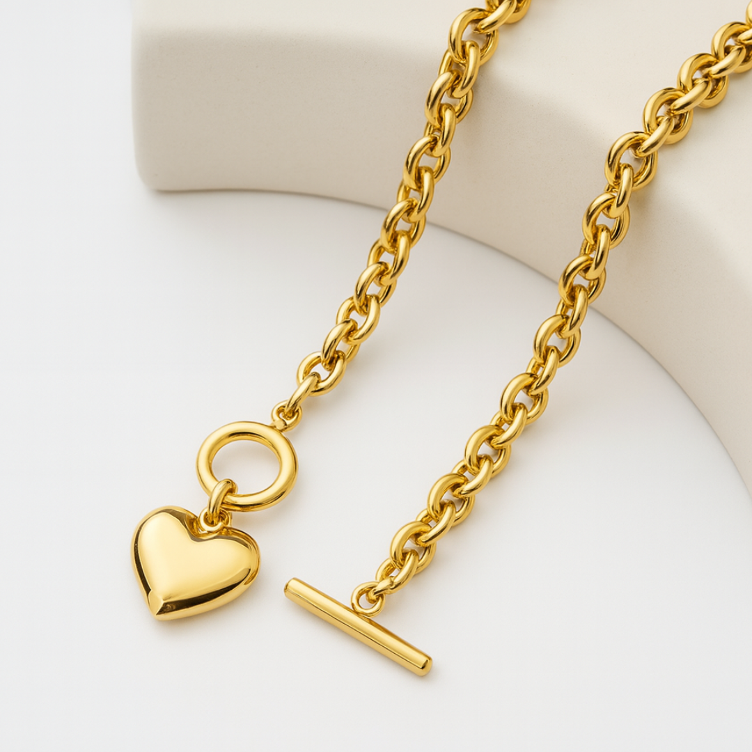 Pixie | 18K Gold-Plated Solid Heart Charm OT Buckle Chunky Waterproof Necklace