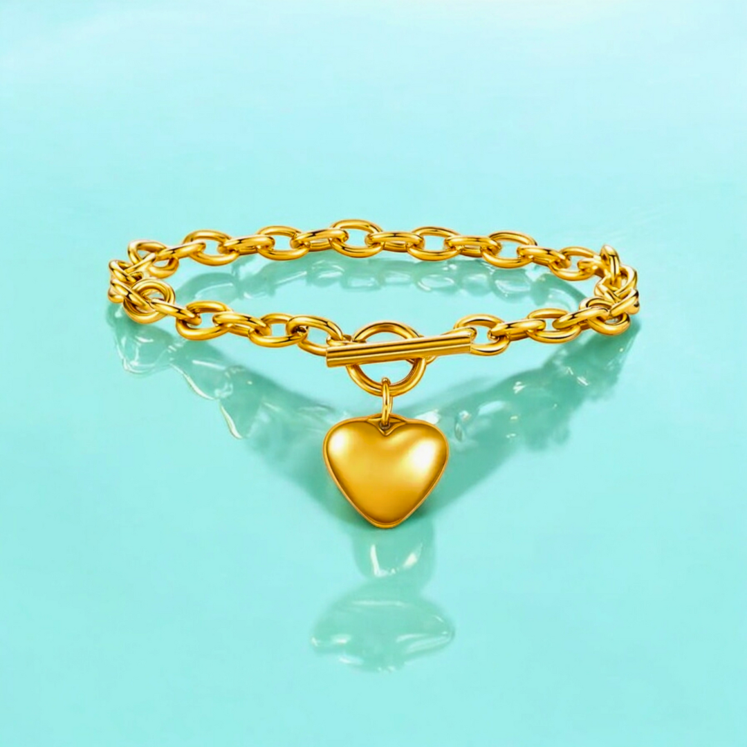 Luna | Gold-Plated Solid Heart Charm OT Buckle Chunky Bracelet
