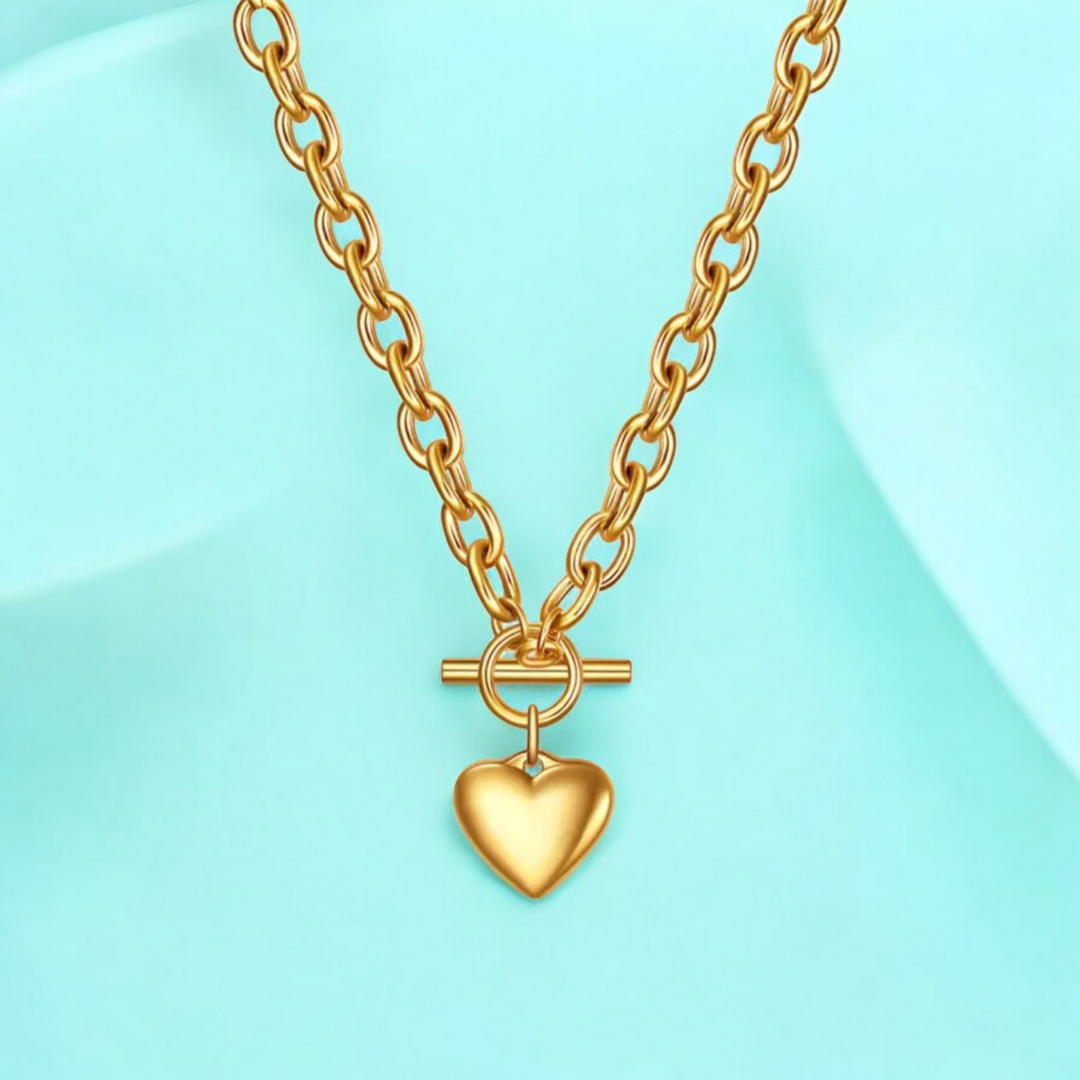 Pixie | Gold-Plated Solid Heart Charm OT Buckle Chunky Necklace