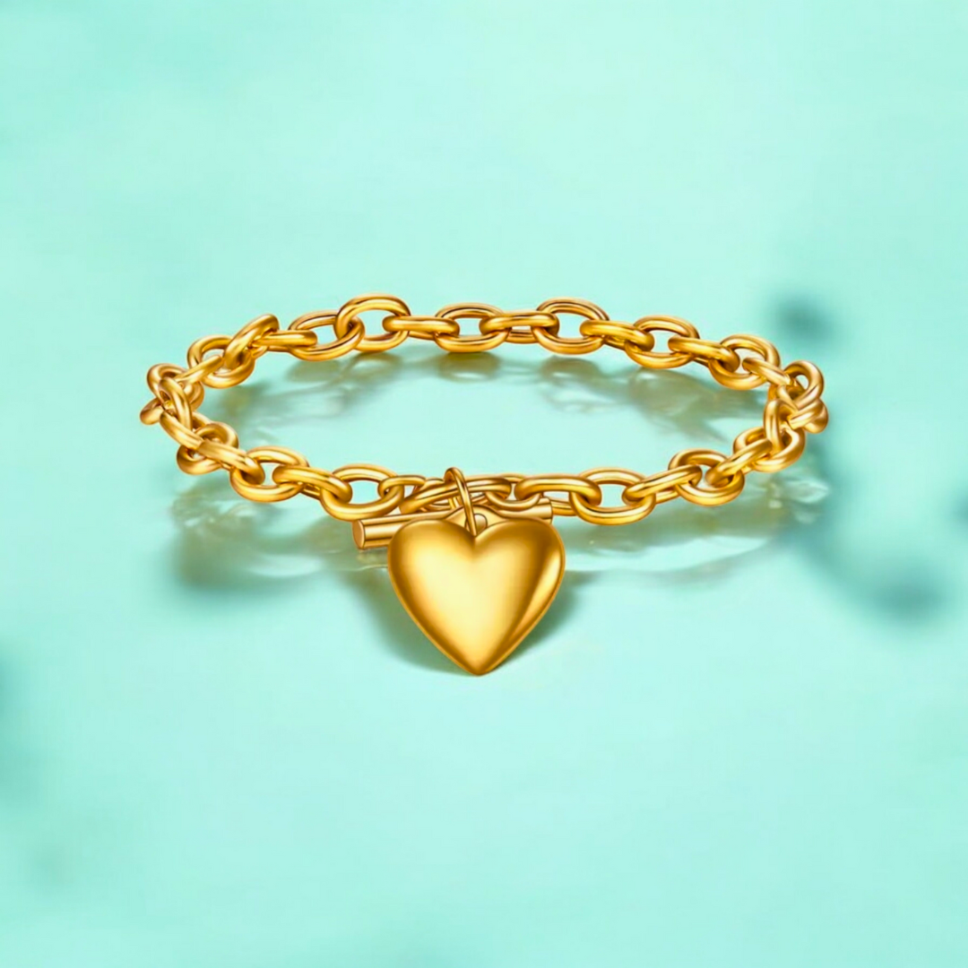 Luna | Gold-Plated Solid Heart Charm OT Buckle Chunky Bracelet