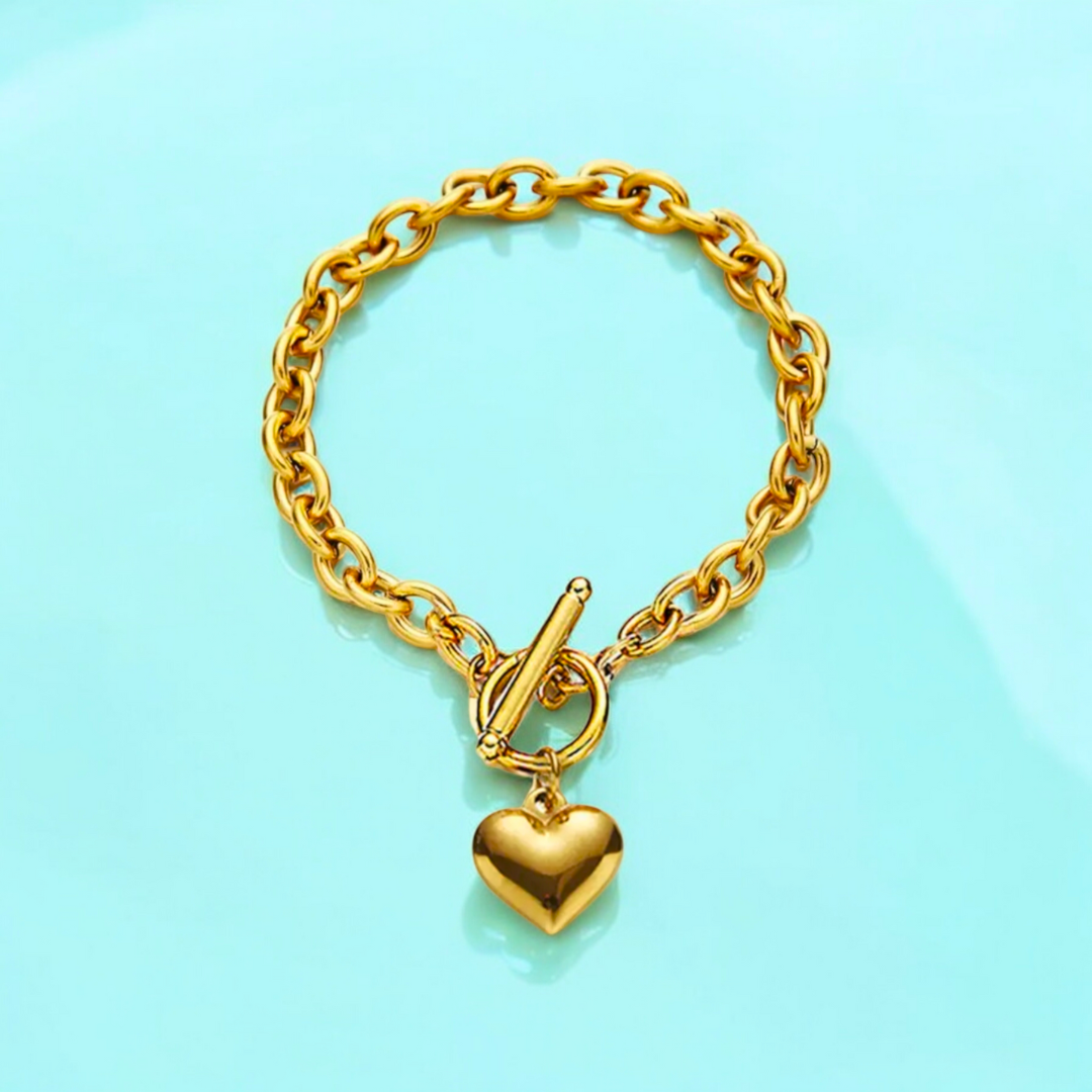 Luna | Gold-Plated Solid Heart Charm OT Buckle Chunky Bracelet