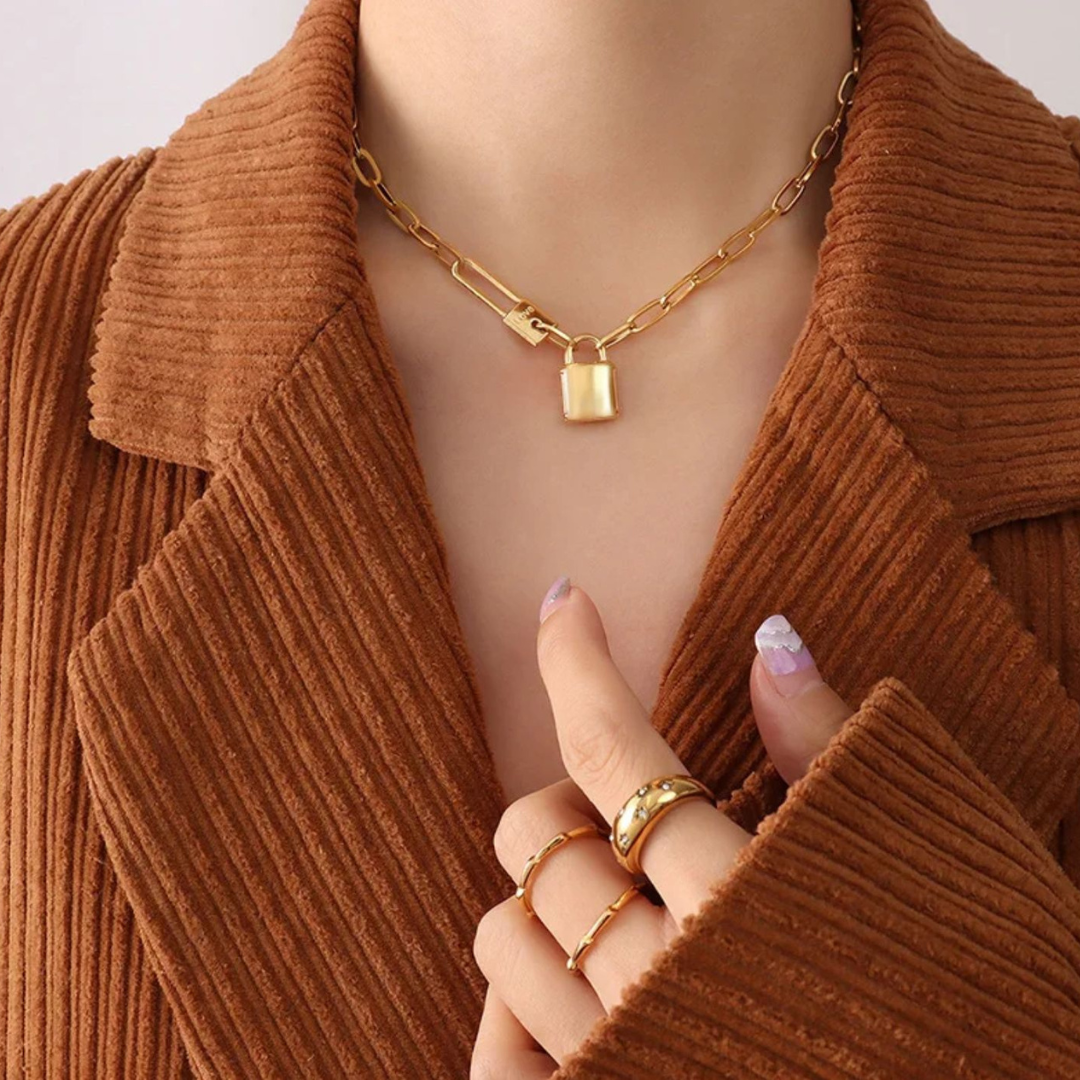 Odessa | Gold (18K) Plated Padlock Pendant Cuban Link Statement Waterproof Necklace