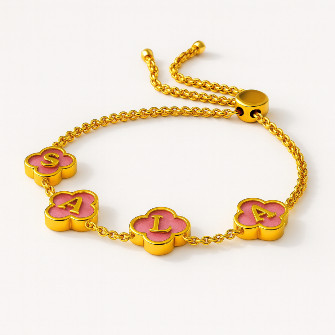 Jodie Clover Bracelet - Personalised Clover Name Bracelet, 18K Gold Plated Waterproof Clover Jewellery Christmas Gift