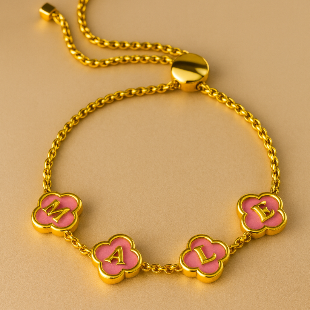 Jodie Clover Bracelet - Personalised Clover Name Bracelet, 18K Gold Plated Waterproof Clover Jewellery Christmas Gift