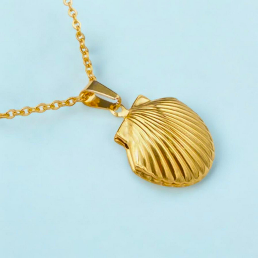 Rexa Sea-shell Locket: Jooelri London 18K gold plated. Waterproof, non-tarnish stainless steel. Gym-proof, shower-proof, sentimental. Free shipping!