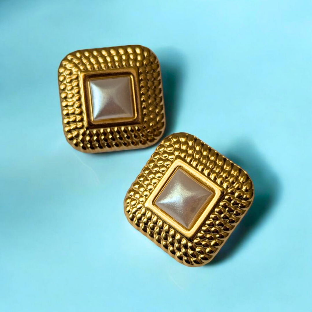Grace | Gold-Plated Square Pearl Vintage Chunky Earrings