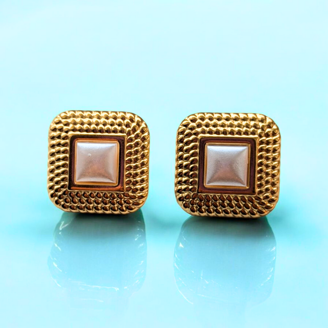 Grace | Gold-Plated Square Pearl Vintage Chunky Earrings