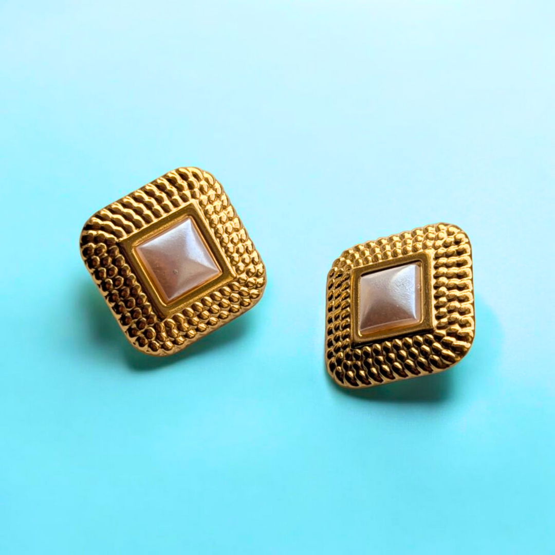Grace | Gold-Plated Square Pearl Vintage Chunky Earrings