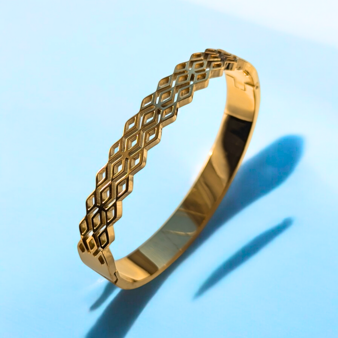 Coral | Gold-Plated Criss Cross Hollow Grid Cuff Bangle Bracelet