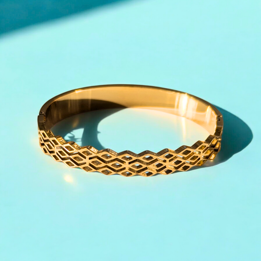 Coral | Gold-Plated Criss Cross Hollow Grid Cuff Bangle Bracelet