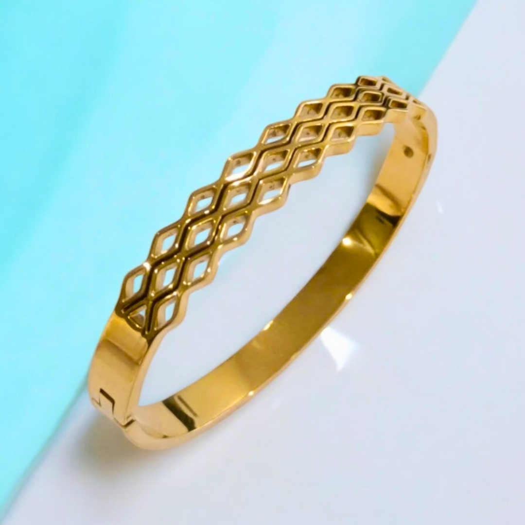 Coral | Gold-Plated Criss Cross Hollow Grid Cuff Bangle Bracelet
