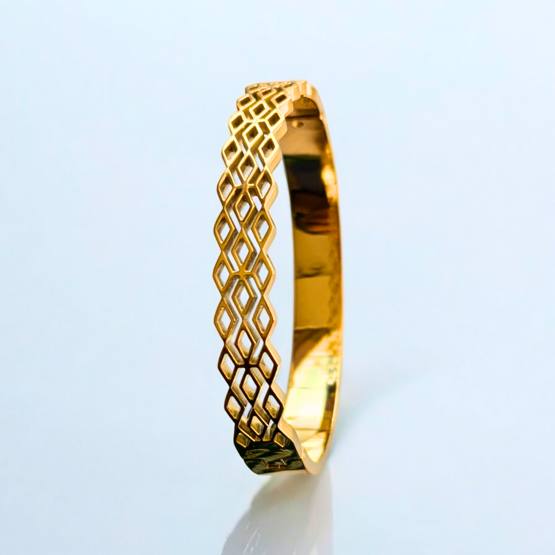Coral | Gold-Plated Criss Cross Hollow Grid Cuff Bangle Bracelet