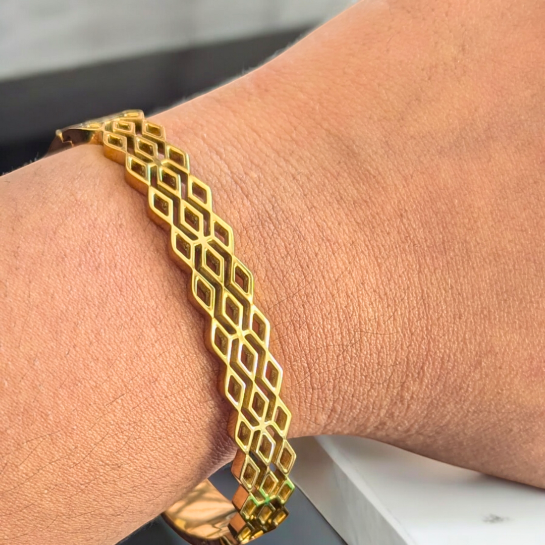 Coral | Gold-Plated Criss Cross Hollow Grid Cuff Bangle Bracelet