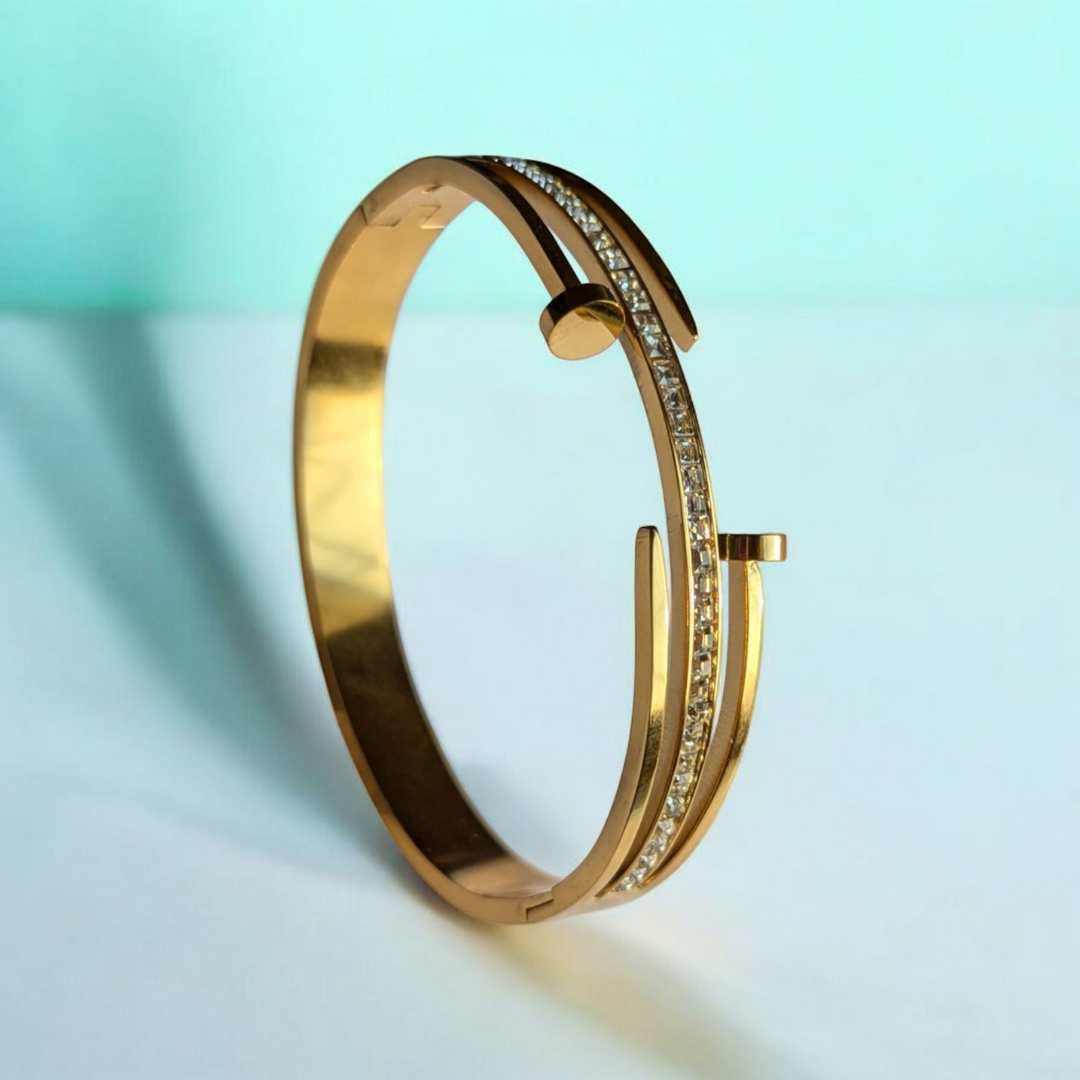 Haven | Gold-Plated Double Nail Head Cuff Bangle Bracelet with Zircons