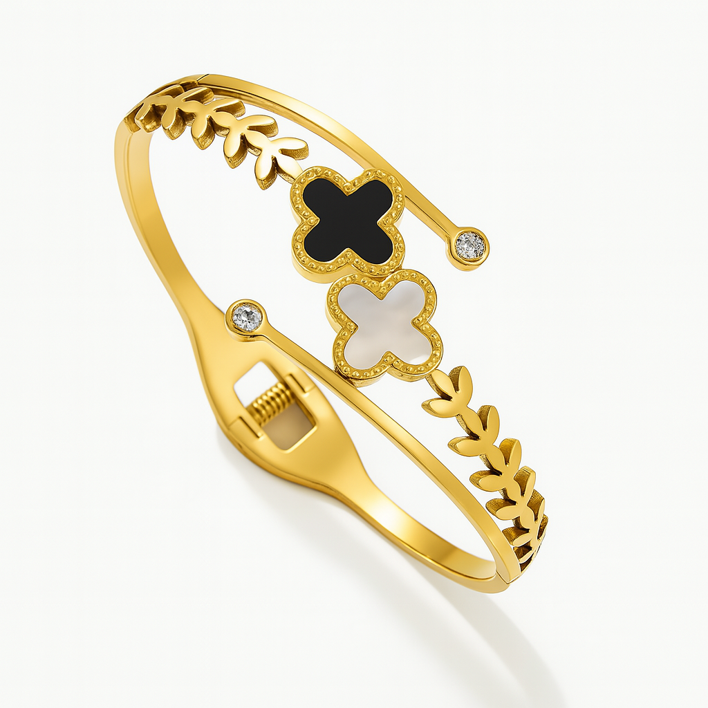 Arabelle | Gold & Rose Gold Plated White and Black Zircon Four-Leaf Clover Bangle Bracelet