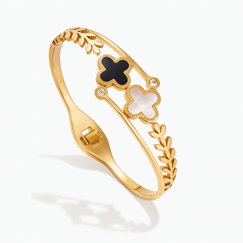 Arabelle | Gold & Rose Gold Plated White and Black Zircon Four-Leaf Clover Bangle Bracelet