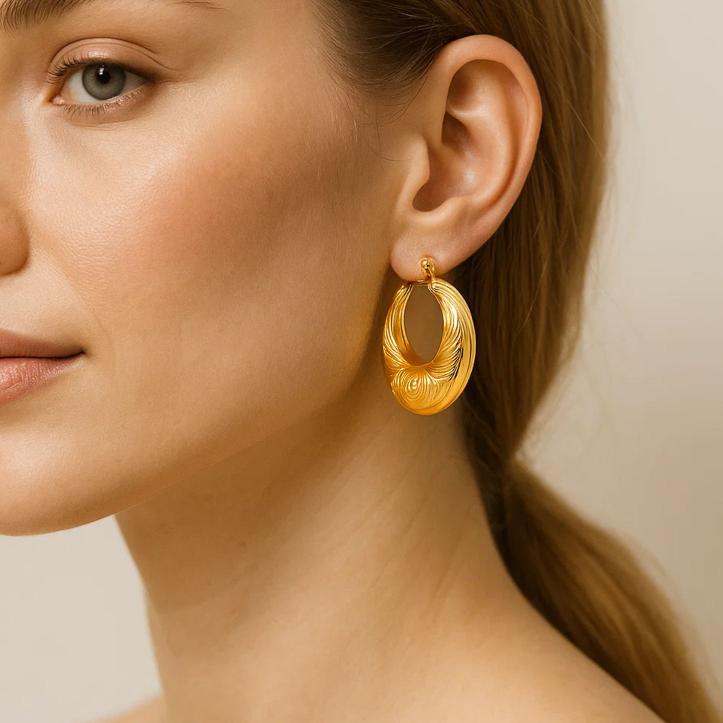 Tilly | 18K Gold Plated Circular Flat Embossed Hoop Waterproof Earrings
