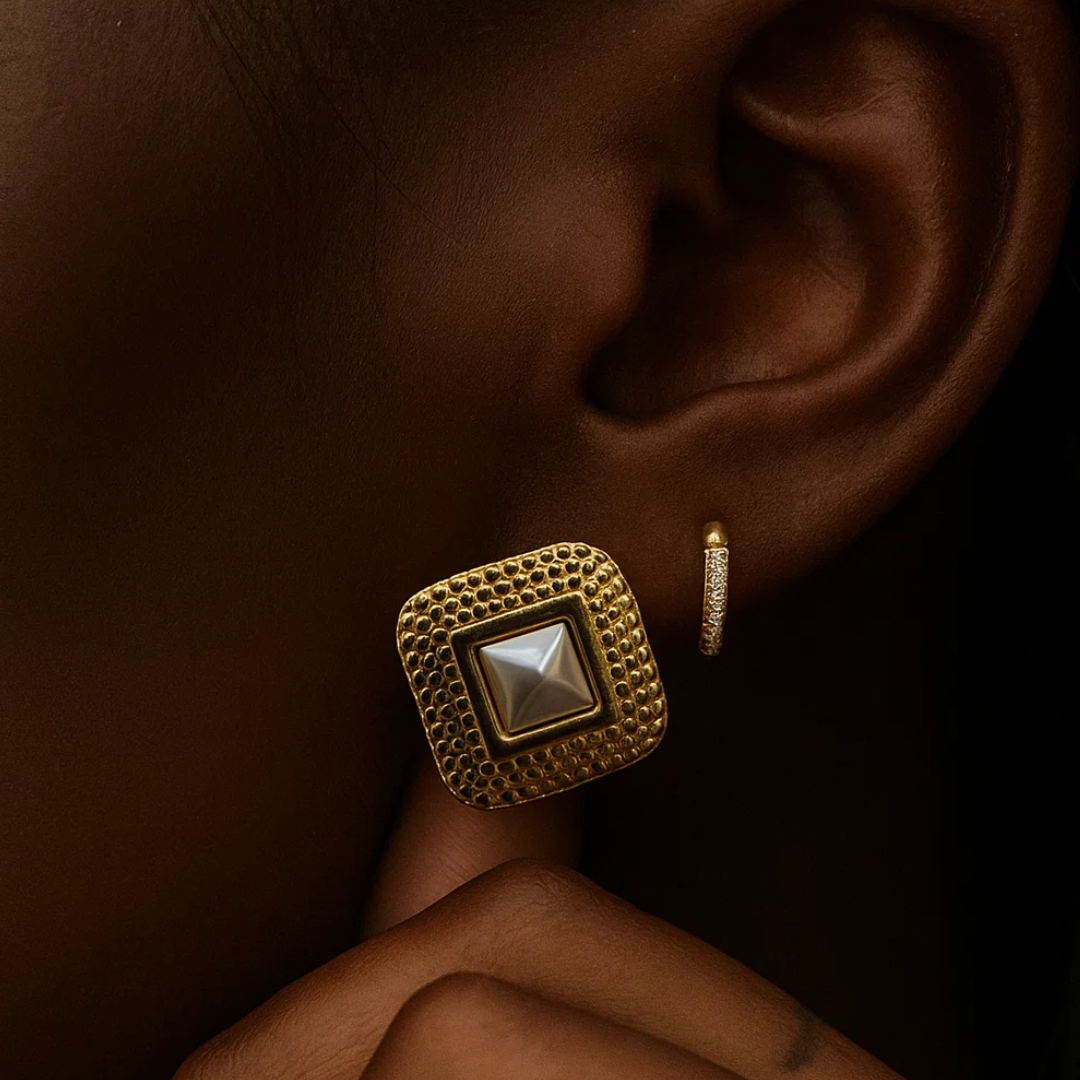 Grace | Gold-Plated Textured Pearl Bezel Stud Earrings