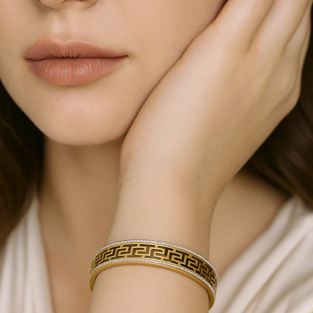 Tatiana | Gold Plated Greek Key Greatwall Zircon Cuff Bracelet Bangle