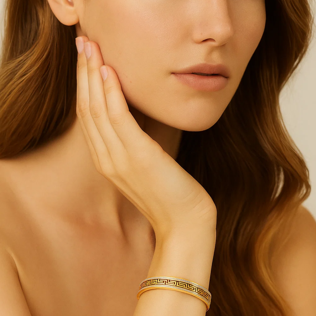 Tatiana | Gold Plated Greek Key Greatwall Zircon Cuff Bracelet Bangle