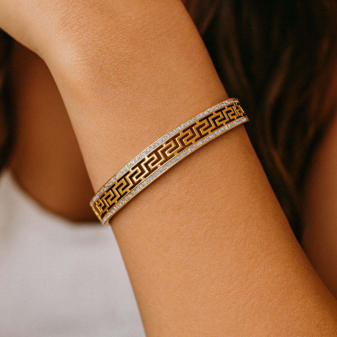 Tatiana | Gold Plated Greek Key Greatwall Zircon Cuff Bracelet Bangle