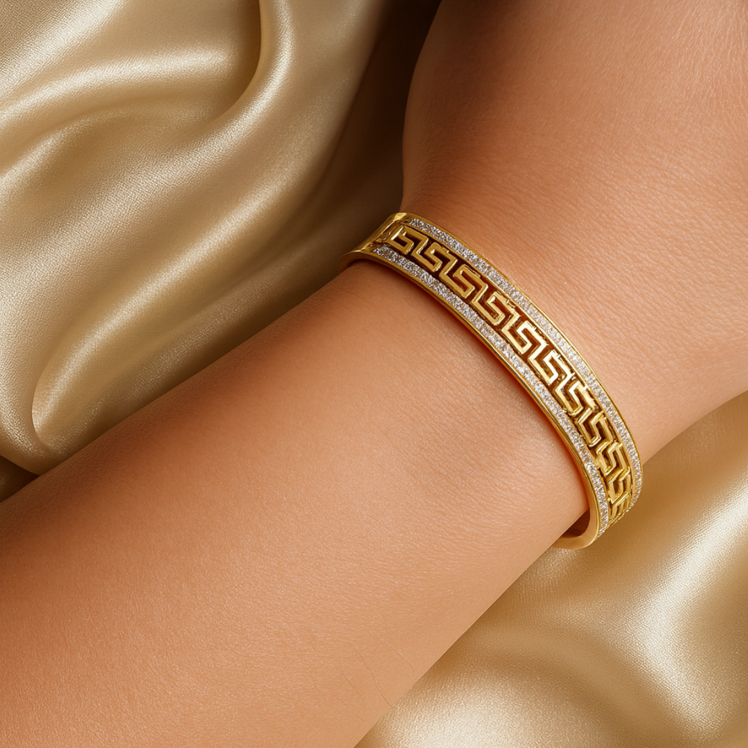 Tatiana | Gold Plated Greek Key Greatwall Zircon Cuff Bracelet Bangle