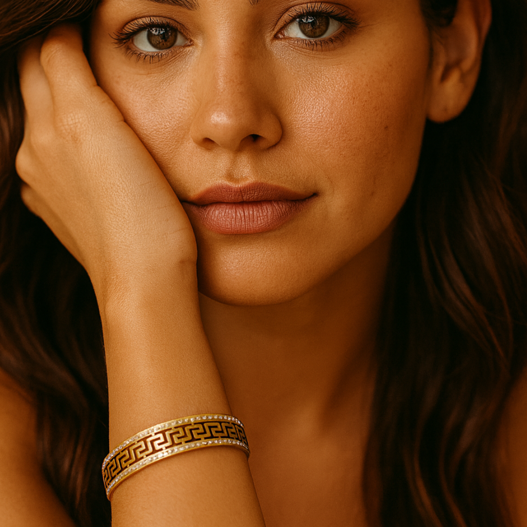 Tatiana | Gold Plated Greek Key Greatwall Zircon Cuff Bracelet Bangle
