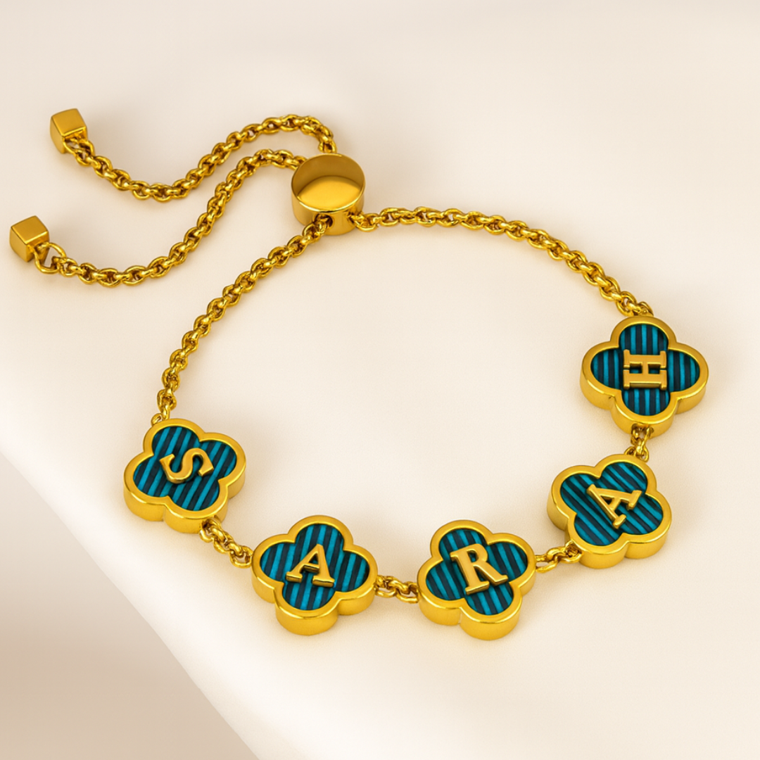 Tyler Clover Bracelet - Personalised Clover Name Bracelet, 18K Gold Plated Waterproof Clover Jewellery