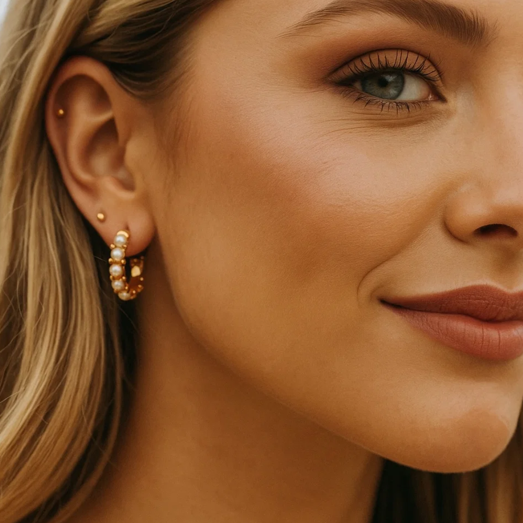 Sharapova | Gold Plated Basic Pearl Huggie Hoops Earrings