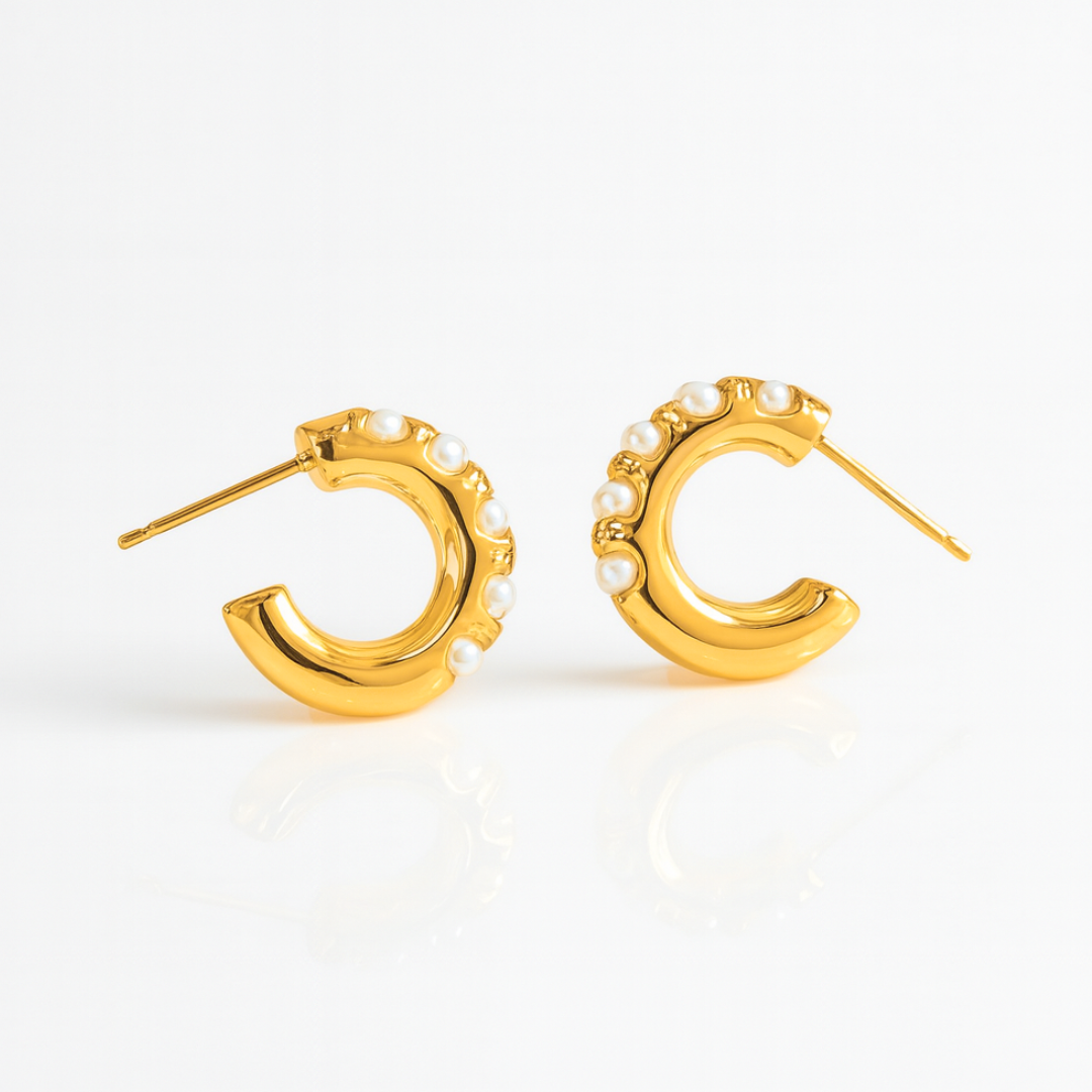 Sharapova | Gold Plated Basic Pearl Huggie Hoops Earrings