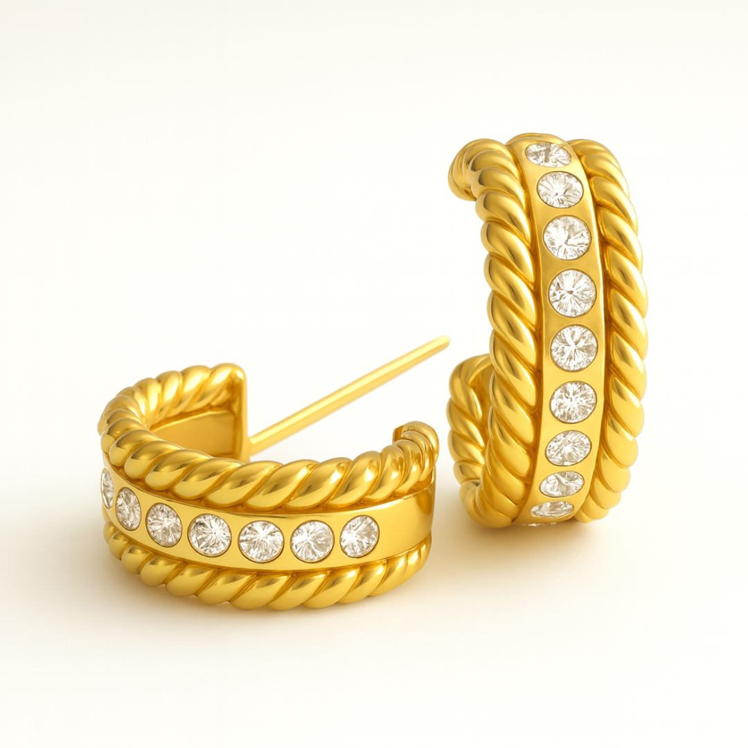 Mirra | Gold (18K) Plated C-Shaped Waterproof Hoop Earrings with Zircons