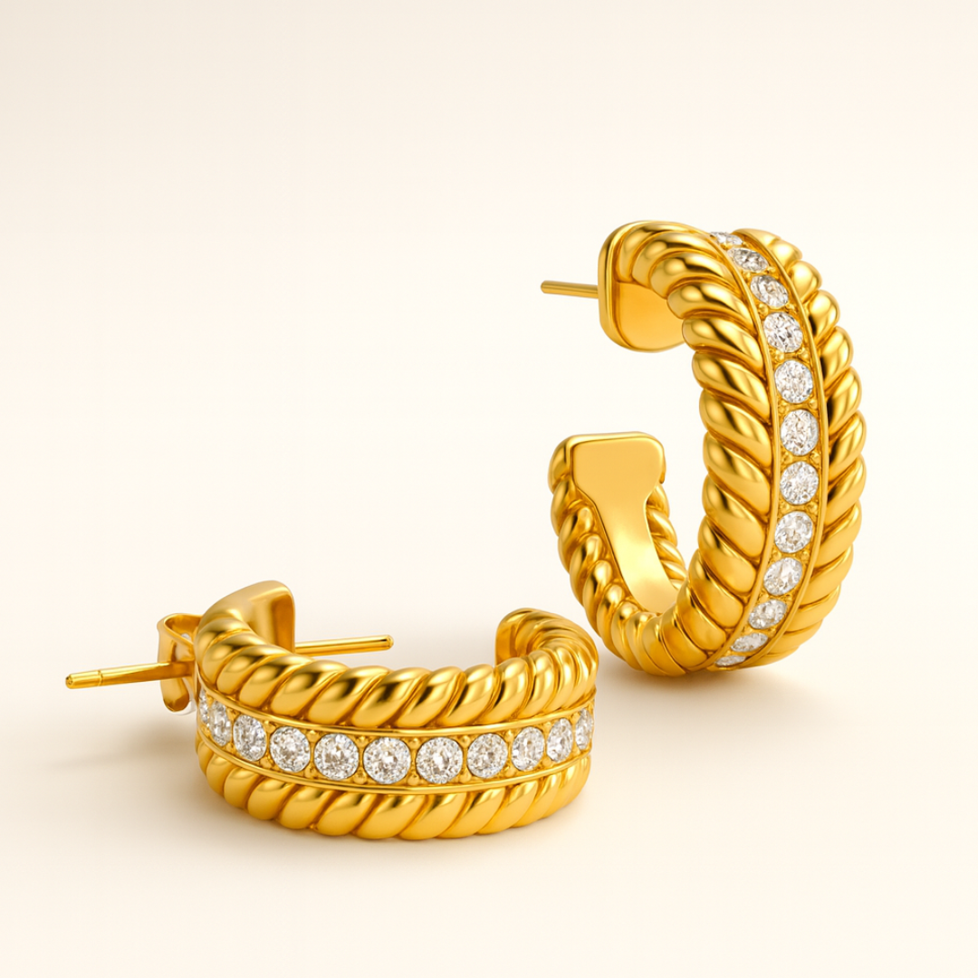 Mirra | Gold (18K) Plated C-Shaped Waterproof Hoop Earrings with Zircons