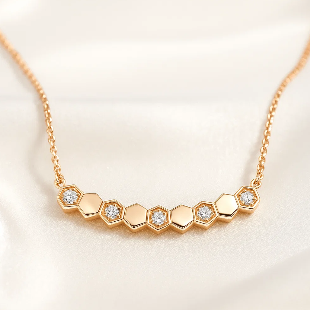 Beth | Gold (18K) and Rose Gold Plated Honeycomb Bar Pendant Waterproof Necklace with Zircons